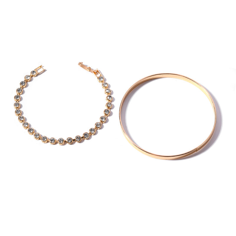 Gold Diamond Bracelet & Alloy Bangle Set