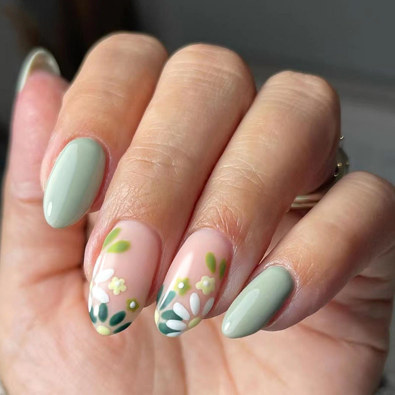 Green Floral Nails - Press on Nails