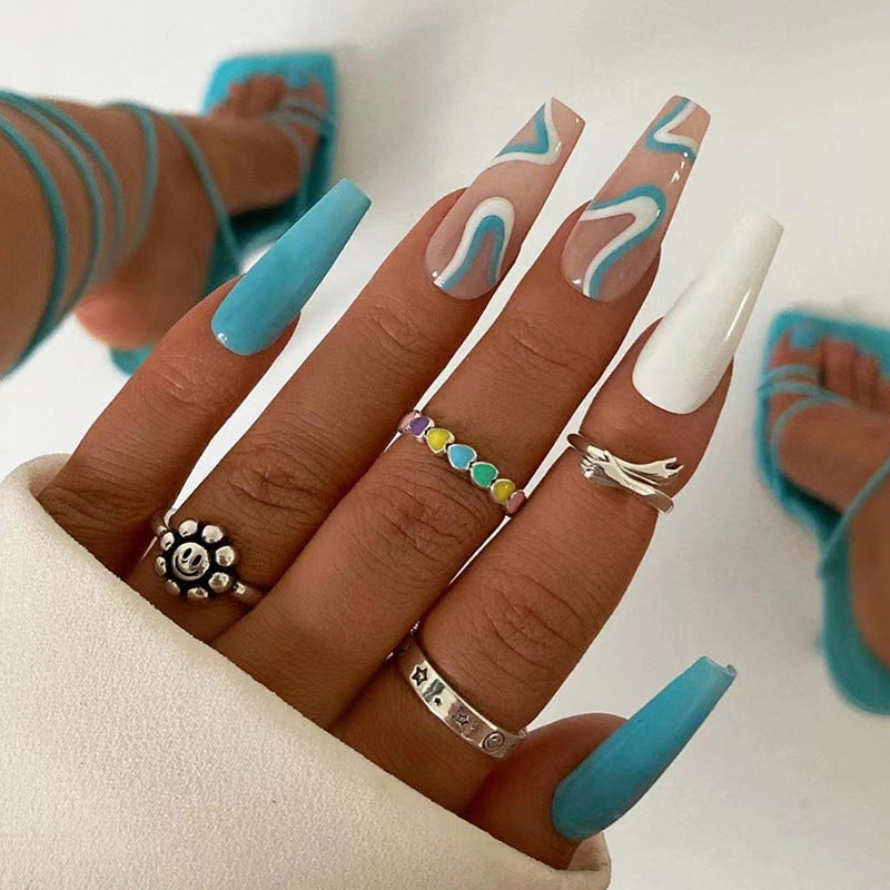 Blue and White Coffin Nails - Press on Nails