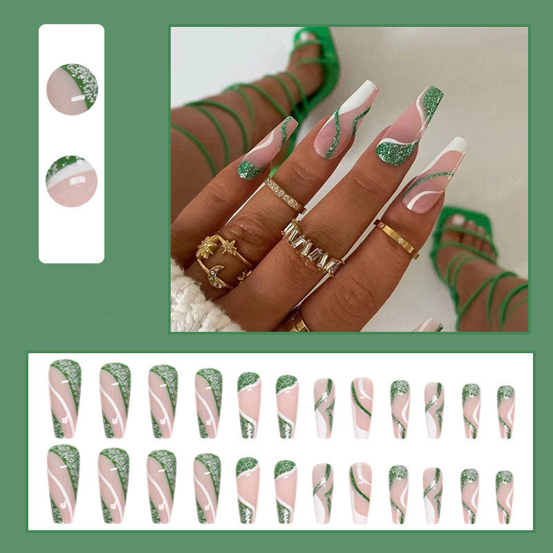 Green Glitter French Nails - Press on Nails