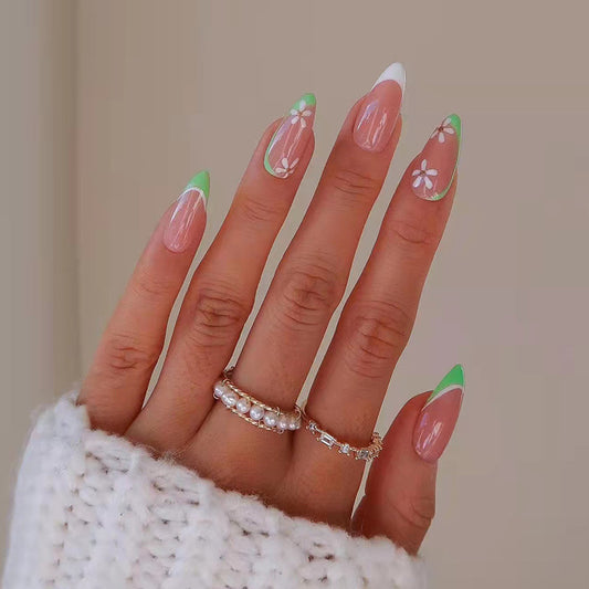 Green French Floral Nails - Press on Nails
