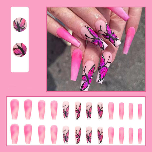 Pink Butterflies Coffin Nails - Press On Nails