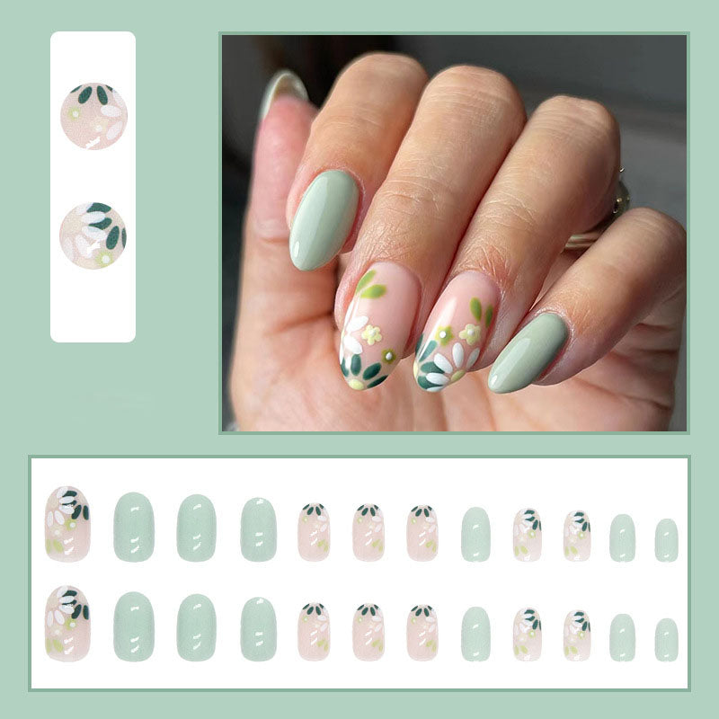 Green Floral Nails - Press on Nails