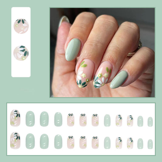 Green Floral Nails - Press on Nails