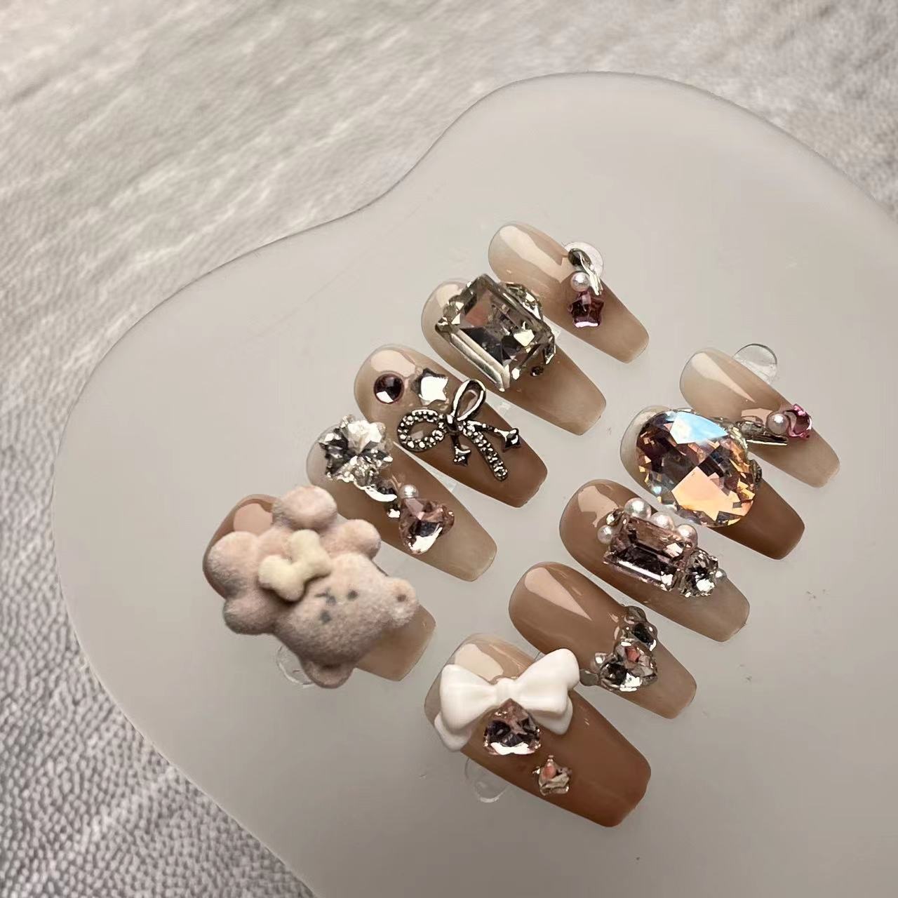 Cute Bear Diamond Nails - Handmade Press on Nails