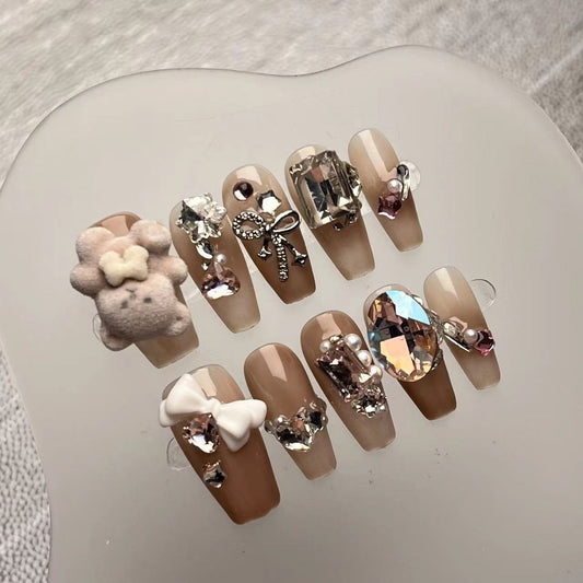 Cute Bear Diamond Nails - Handmade Press on Nails