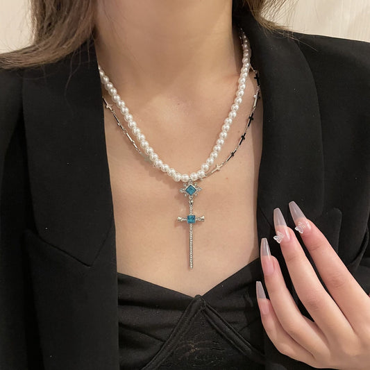 Celeste Blue Cross Layered Necklace